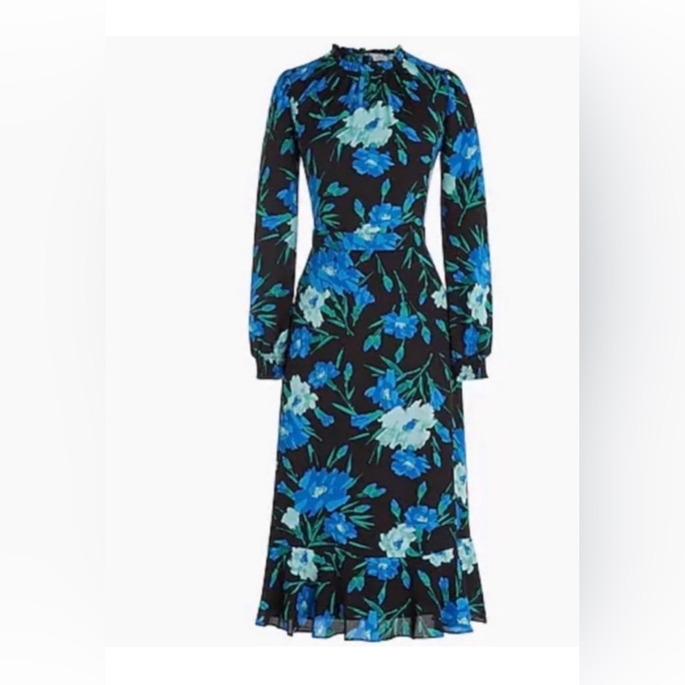 J Crew Black Turquoise Blue Floral Midi Dress, Ruffle Neck